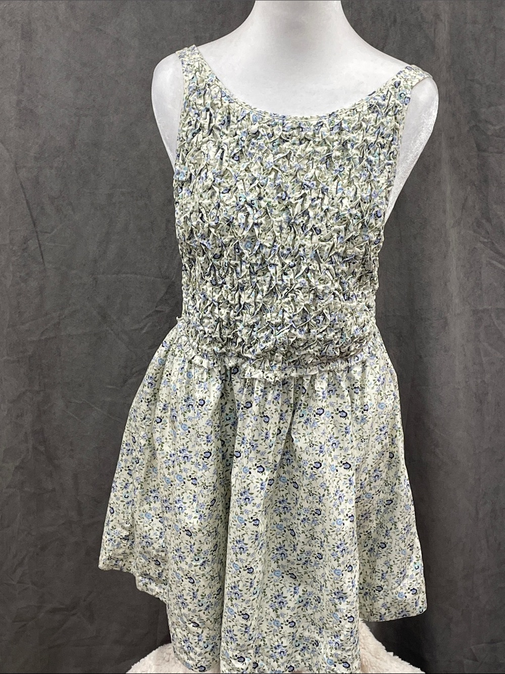 Free People Cream and Blue Floral Smocked Mini Dress